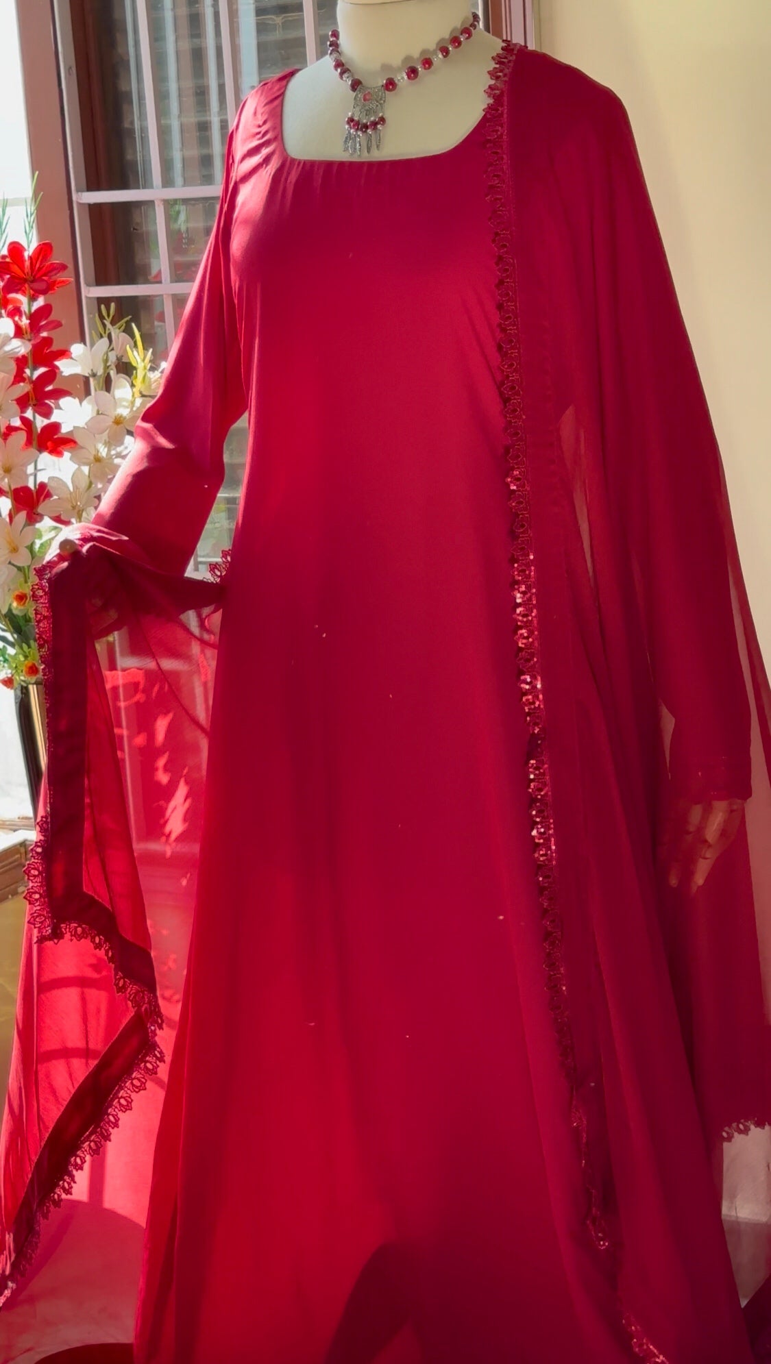 Red Formal Maxi Dress with Dupatta – Pakistani Long Frock for Women