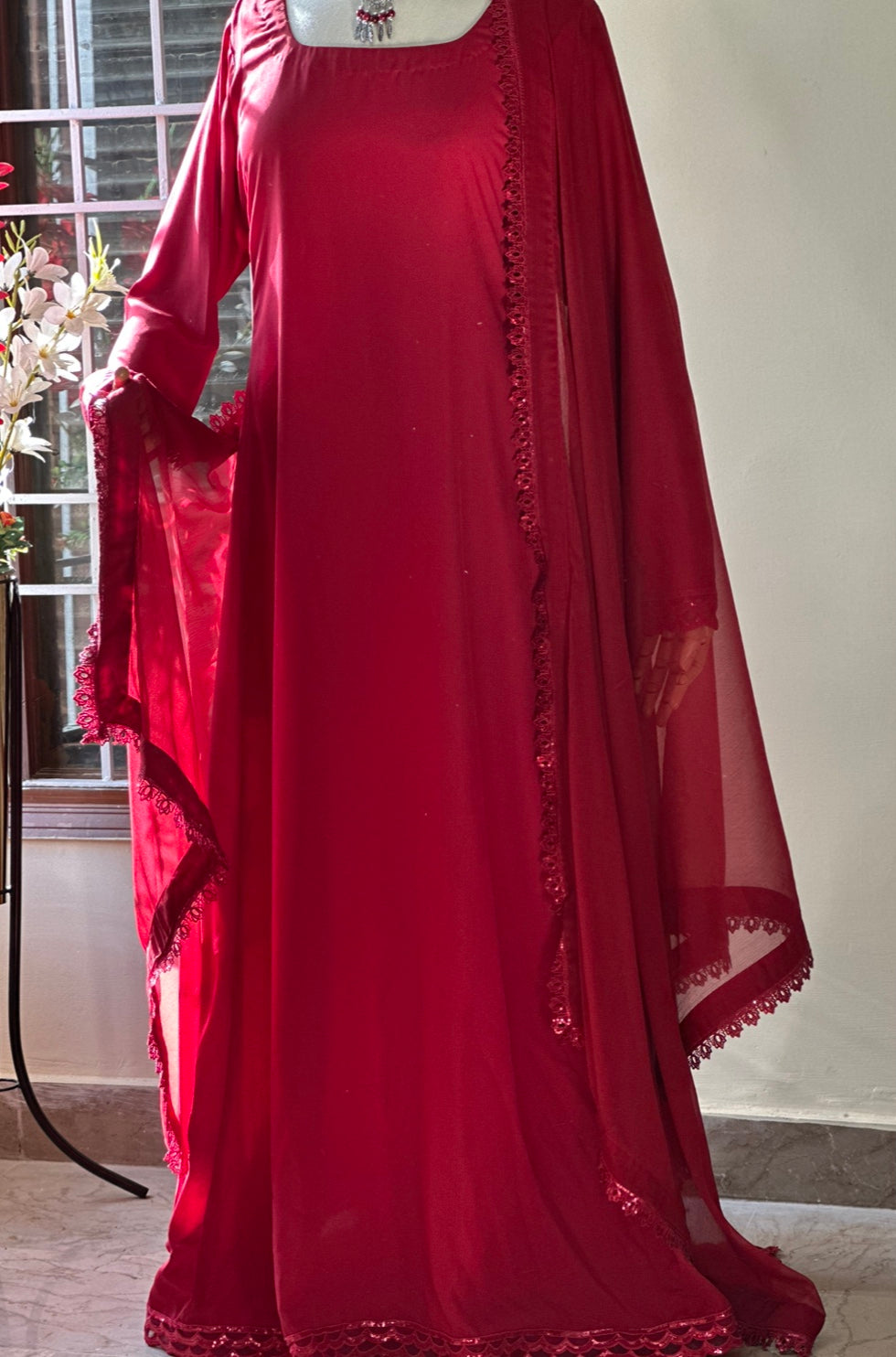 Red Formal Maxi Dress with Dupatta – Pakistani Long Frock for Women